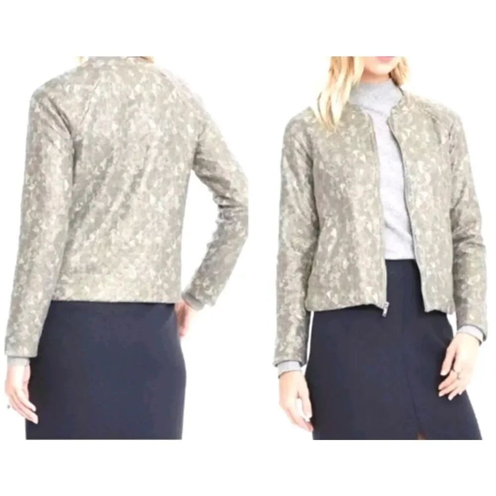 Banana Republic NWT Jacket Gray Floral Sparkle Zips Pockets sz L